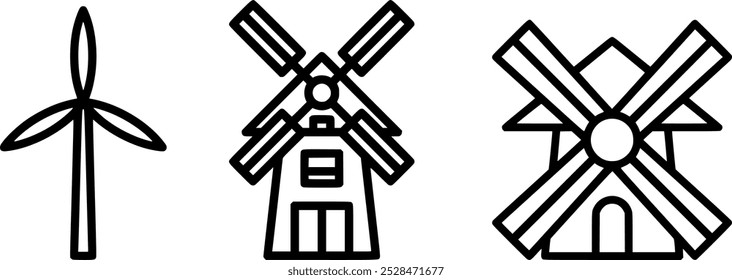 Wind Turbine and Windmill Icon Set: Featuring One Wind Turbine and Two Windmills, Perfect for Renewable Energy, Environmental Projects, and Sustainable Designs