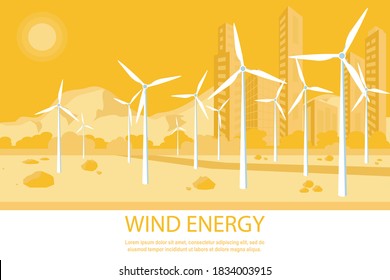 Wind turbines against the backdrop of mountains and the city. The concept of alternative renewable sources of wind energy. Vector illustration, flat style