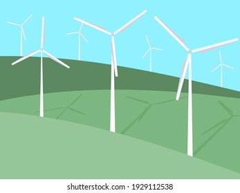 Wind turbines among green fields in a minimalistic, flat style. Wind park. Renewable green energy, clean electricity production. Eco-friendly wind energy. Vector Illustration