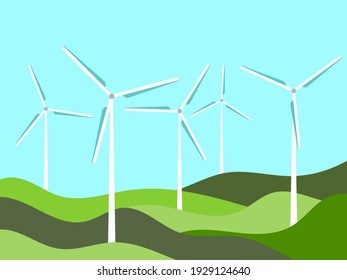 Wind turbines among green fields in a minimalistic, flat style. Wind park. Renewable green energy, clean electricity production. Eco-friendly wind energy. Vector Illustration