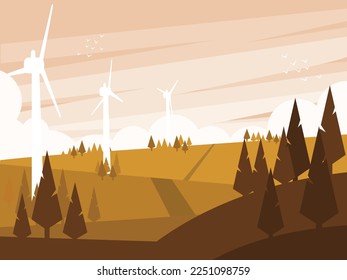 Wind turbines in the autumn landscape. A wind farm or power plant in the field. Wind turbines of a power station generate eco-friendly and sustainable electricity. Vector illustration