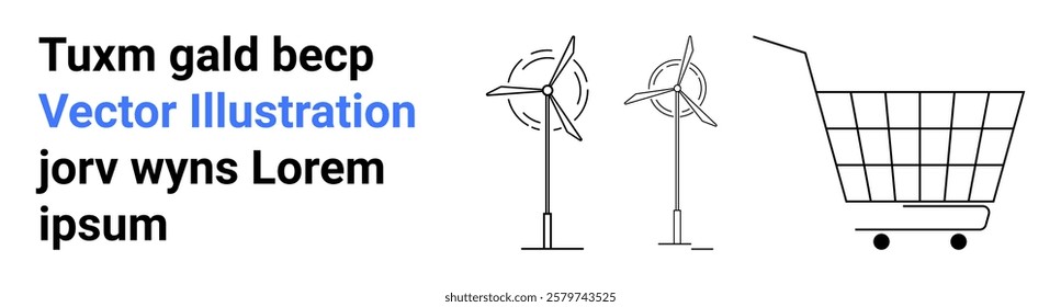 Wind turbines beside a shopping cart. Ideal for environmental conservation, green technology, renewable energy, sustainable shopping, eco-friendly living. Banner for landing page