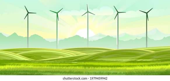 Wind turbines with blades. Electricity generator. Background picture. Innovation. A source of sustainable renewable energy. Landscape with mountains, rural meadows, hills and fields. Vector