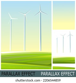 Wind turbines with blades. Electricity generator. Background picture. Innovation. Source of sustainable renewable energy. Image from layers for overlay with parallax effect. Vector