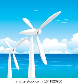 Wind turbines by the sea vector drawn background