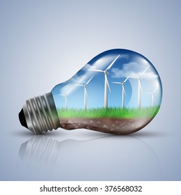 Wind turbines with a clear sky in a light bulb. Ecology concept vector illustrations. - Shutterstock ID 376568032