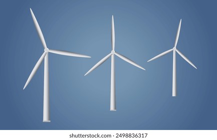 Wind turbines converting wind energy into electricity, on blue sky background, vector drawing