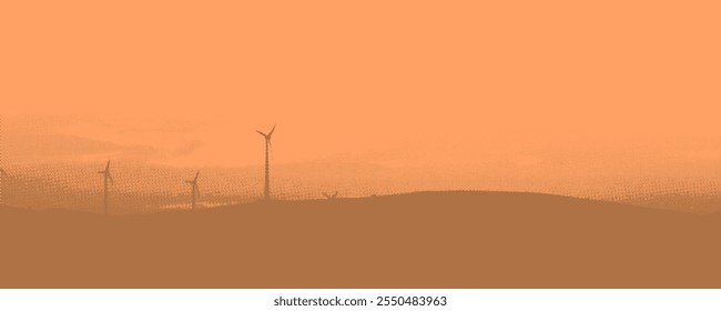 Turbinas eólicas no deserto. Fonte de energia alternativa. Ilustração vetorial.