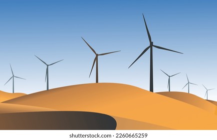 Wind turbines in the desert. Concept of obtaining clean electric energy from renewable sources with sand dunes.