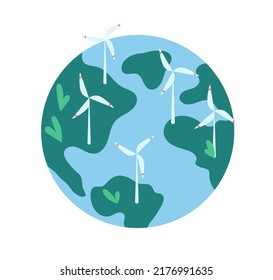 Wind turbines, eco green power industry. Renewable sustainable energy concept. Windmills, windpower on Earth globe. Alternative bio technology. Flat vector illustration isolated on white background