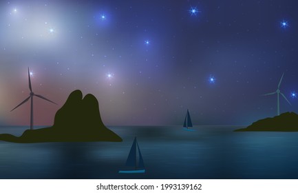 Wind turbines, ecological power generators, standing on the hills. Beautiful starry night on a Sea beach with rocks and sailing yachts.