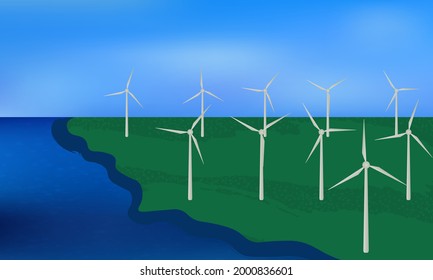 Wind turbines, ecological power generators, standing on a green beach.