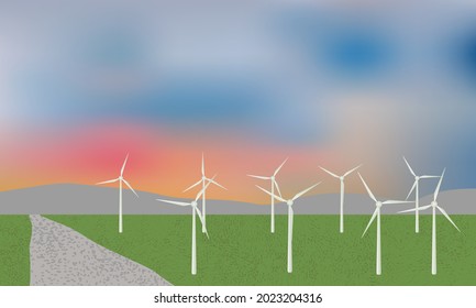 Turbinas eólicas, generadores de energía ecológica, parados en el campo verde con montañas lejanas.