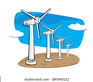 Wind turbines, wind electric  power plants (air electricity, wind energy park, wind power station) vector illustration.
