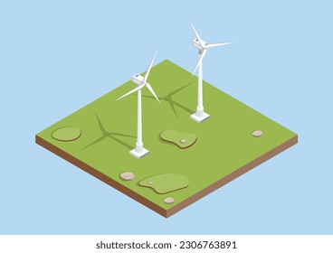 Wind turbines. Wind energy. Eco energy. Isometric vector.