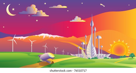 Wind turbines farm with a futuristic city on the background on a summer sunset landscape