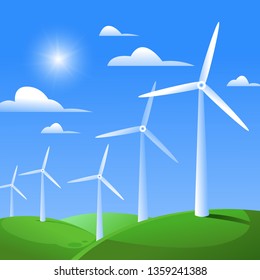 Wind turbines farm  green energy. Natural. Vector illustration