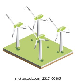 Wind Turbines Farm. Isometric Power Generator. Vector Illustration. Clean Eneergy.