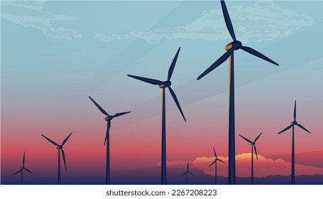 Wind Turbines Farm on a Cloudy Sunset