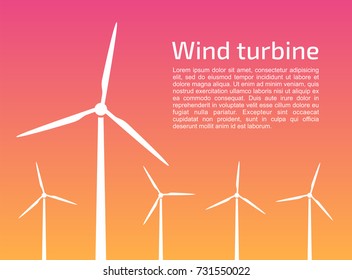 Wind turbines farm at sunset. Vector flat windmill.