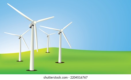 Wind turbines in a field with blue sky. Vector illustration banner.