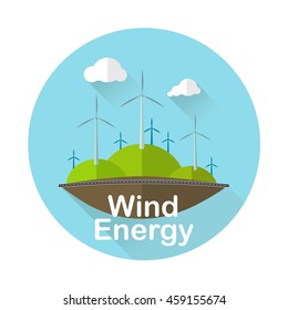 Wind turbines in the field - vector illustration. Green wind turbine generators in flat design. Wind energy.