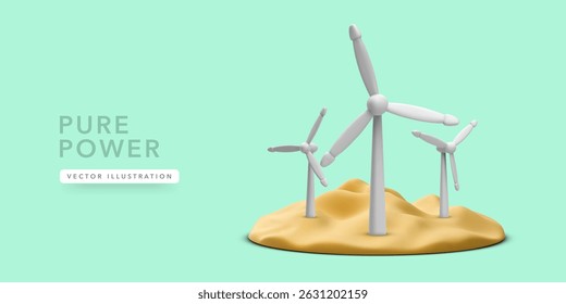 Wind Turbines Generating Clean Energy on a Sandy Hill Under Clear Sky. Minimal Green Background with Eco-Friendly Concept in 3D Cartoon Style. Vector Illustration.