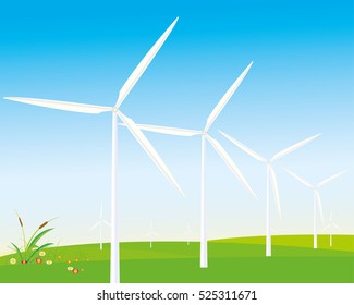 Wind Turbines Generating Electricity And Beautiful Landscape.