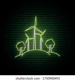 Wind turbines generating electricity in neon style. Green energy. Eco power. Bright glowing Wind power station. Renewable energy sources. Vector illustration.