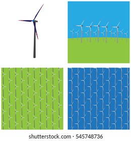 Wind Turbines Generating Electricity. Renewable clean power generator. Vector illustration.