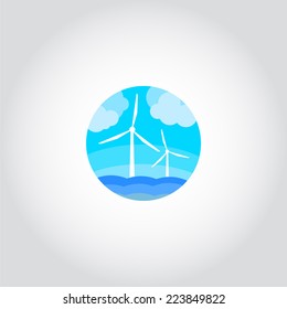 Wind turbines generating electricity in the sea, ecological power