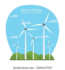 Wind turbines generating renewable energy. Green power sustainable industrial technology. Environment protection, ecology conservation, flat vector illustration