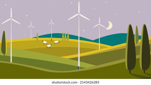 Wind Turbines In The Green Field Vector Illustration. Green and Renewable Energy Concept.