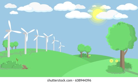 Wind turbines in green fields, Natural Energy concept, Vector illustration.