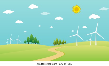 Wind turbines in green fields, Natural Energy concept