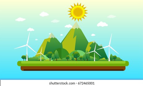 Wind turbines in green fields, Natural Energy concept
