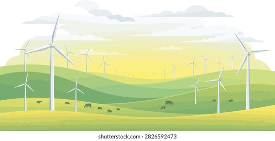 Wind turbines in a green hilly field with grazing cows.