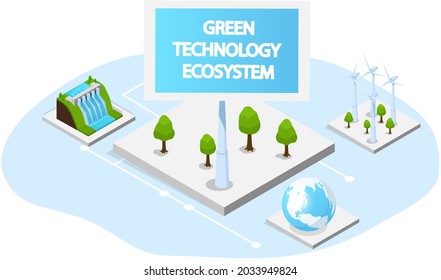 Wind turbines and hydroelectricity power station for clean eco-friendly alternative energy. Equipment for electricity producing, renewable net energy. Power production using green technology