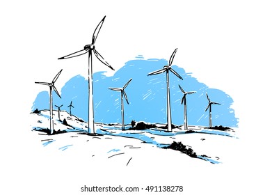 wind turbines. ink style hand drawn sketch illustration.