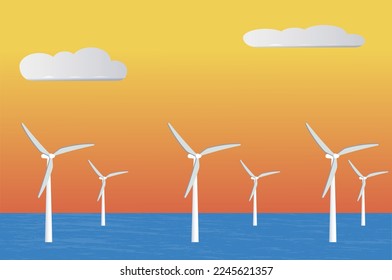 Wind turbines are installed in the sea against the backdrop of sunset