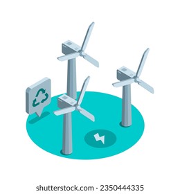 wind turbines isometric in color on white background, green energy or clean