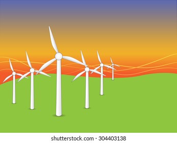 Wind turbines landscape sunset background