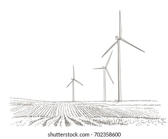 Wind turbines landscape. Vector. 