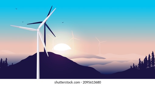 Wind turbines in landscape vector illustration. Wind power and clean energy background concept with copy space for text