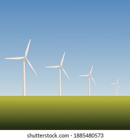 Wind turbines lined up one after the other. Windmills. Wind power. Blue sky and green floor. Renewable and sustainable energy sources concept. Vector illustration.