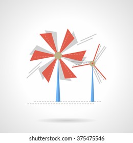 Wind turbines, wind mill. Two towers with red blades. Windmill farm. Saving energy concept, alternative power. Vector icon flat color style. Web design element for site, mobile and business.