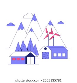 Wind Turbines And Mountain Cabins In Flat Vector Illustration Symbolizing Renewable Energy, Sustainable Living, And Natural Landscape, Isolated On White Background.