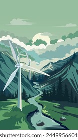 Windkraftanlagen in einer bergigen Gegend mit einem Fluss, Vektorillustration