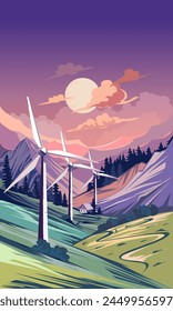 Wind turbines in mountainous region, vector illustration