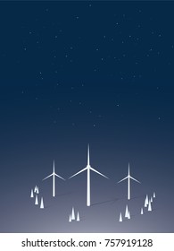 Wind turbines at night vector concept. Wind alternative renewable energy source for better environment and nature protection. Eps10 vector illustration.